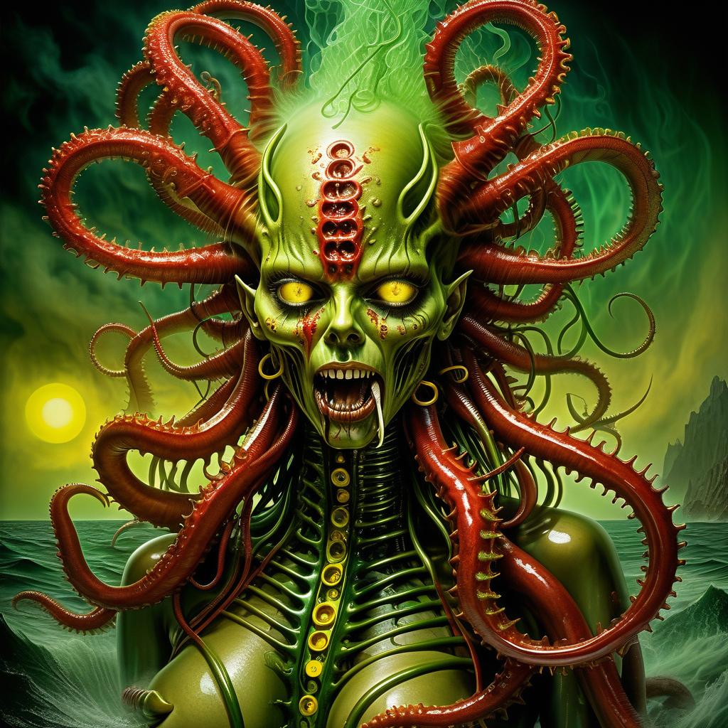  nautical themed beautiful demoness hellraiser whisperer giger demon looks scary prickly red watch in yellow smoke and green sparks suction cups tentacles eyes all over the body lower jaw sting tentacles claws and a terrible moan in red smoke in yellow rings of green steam the wound flows with mucus juice . sea, ocean, ships, maritime, beach, marine life, highly detailed