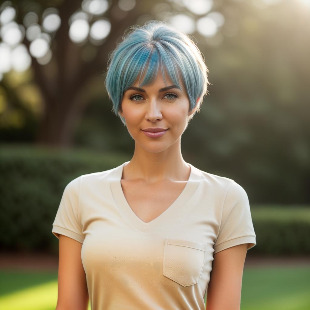  (((realistic full torso frontal head shot of a light beige to medium tan skin tone woman))), senta nina schubert, ((caucasian heritage)), immature face, blue eye color, ((pixie cut hair style)), ((blue hair color)), ((skinny body type)), small size, fat size, (immature long narrow nose), (immature high cheekbones), (immature defined jawline), (immature broad forehead), (immature straight eyebrows), (immature pointed chin), standing straight looking directly into the camera,((wearing fitted polo shirt with deep v neck and monogrammed pocket)), backyard in background, 1girl, best quality, highest quality, award winning photo, masterpiece, raw, professional photography, photorealism, sharp focus, cinematic, high resolution, sh hyperrealistic, full body, detailed clothing, highly detailed, cinematic lighting, stunningly beautiful, intricate, sharp focus, f/1. 8, 85mm, (centered image composition), (professionally color graded), ((bright soft diffused light)), volumetric fog, trending on instagram, trending on tumblr, HDR 4K, 8K