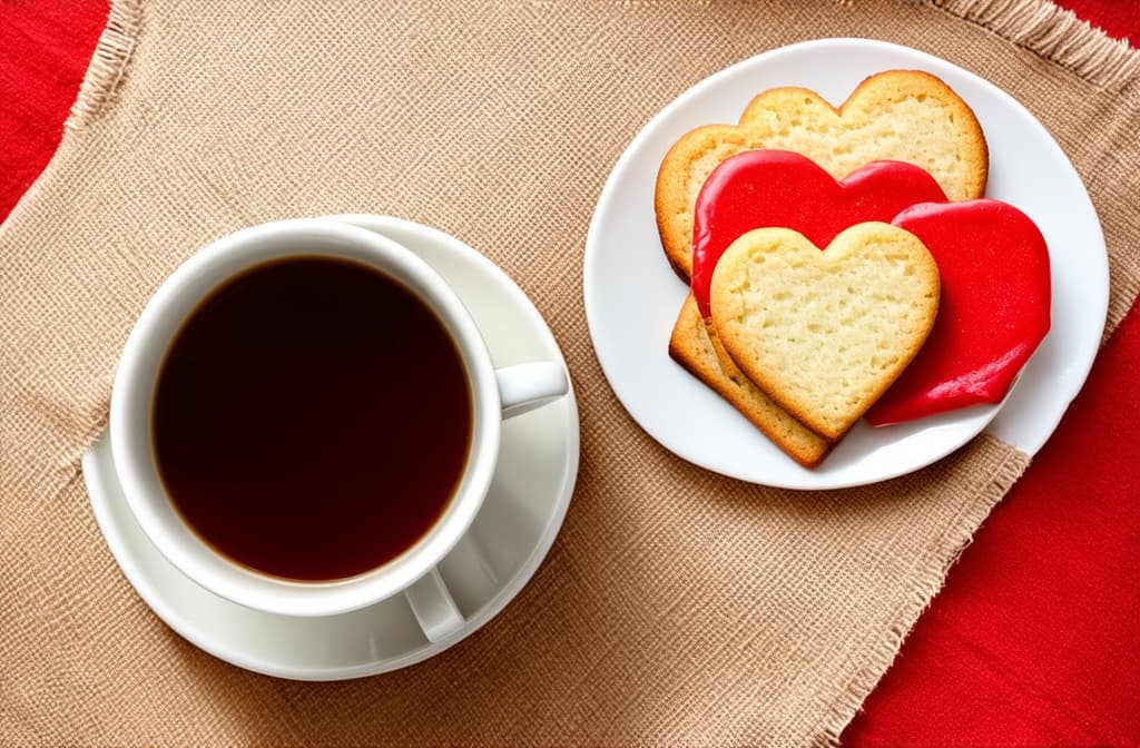  heart shaped cookies lie on a plate next to a cup of coffee 2/3 free space ar 3:2 {prompt}, maximum details