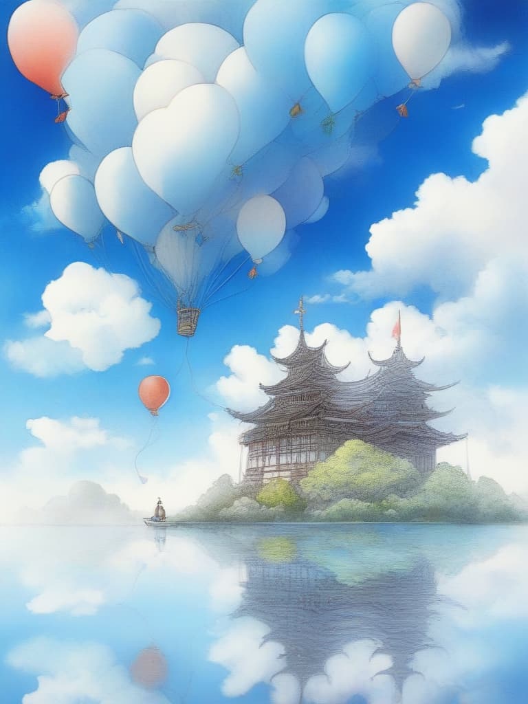  masterpiece,(((no human))),(((no body))),(only solo balloon),風景画,blue sky,white clouds,fairy tale style,crayon drawing,gentle colors,delicate,detailed,