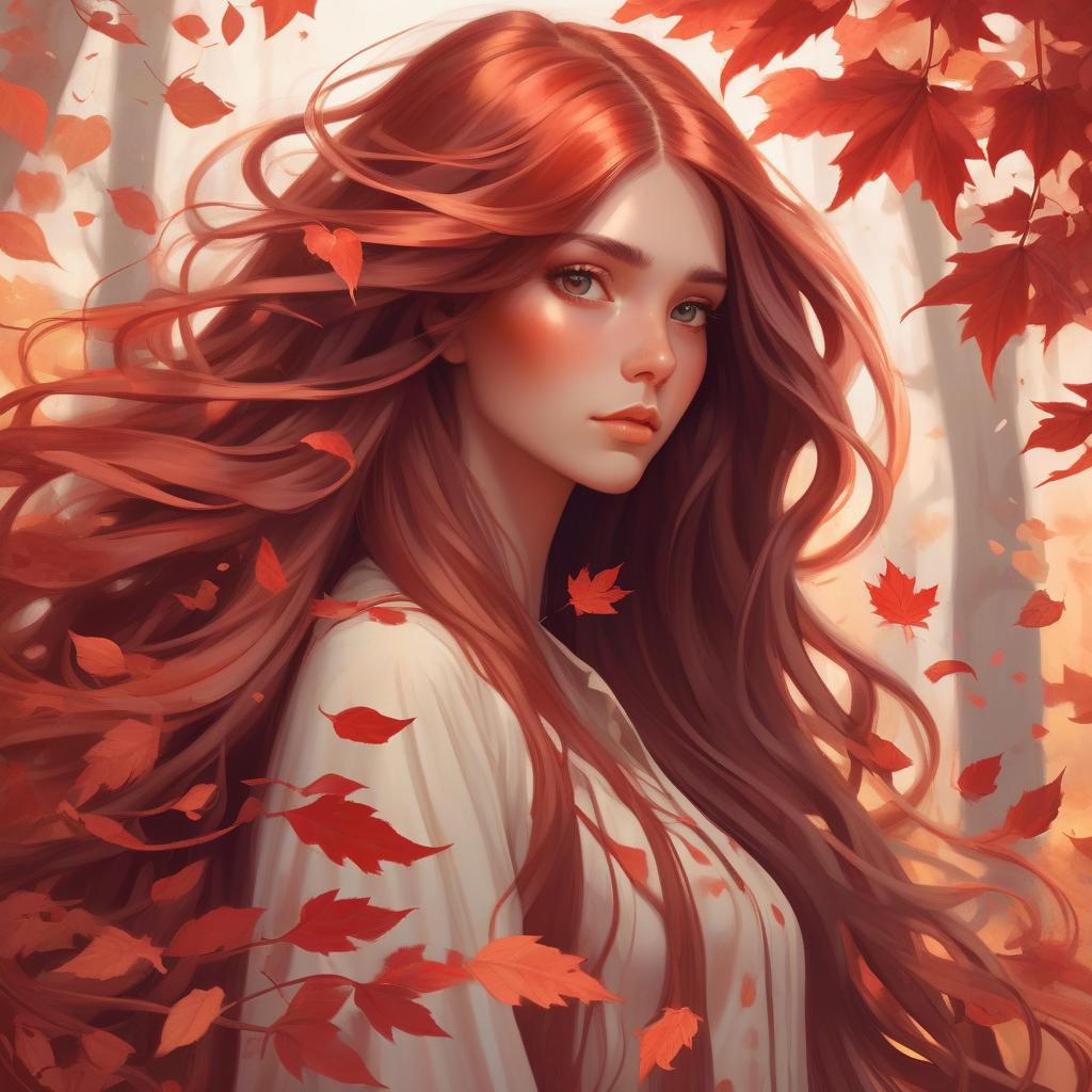  girl with super long hair, hair becoming autumn red leaves, digital painting, detailed eyes, art by artgerm and greg rutkowski and alphonse mucha