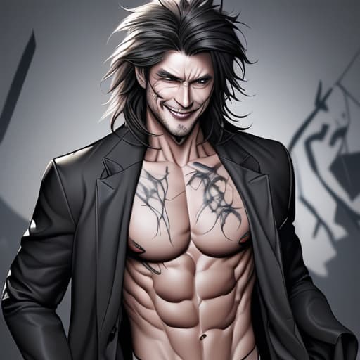  a man with an opened black jacket that shows his abs, has messy hair and is smirking with dead eyes