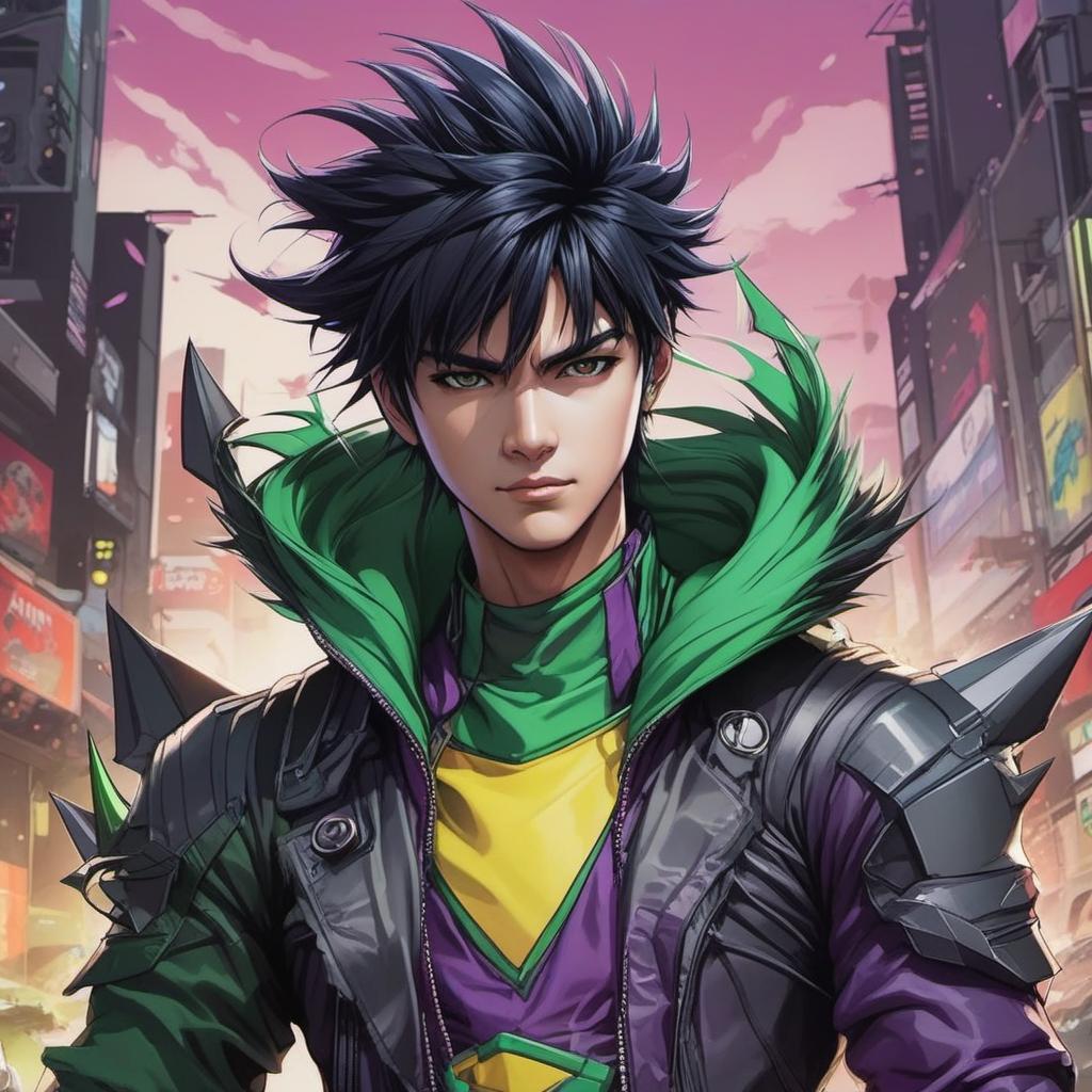  green and purple guy with medium spikey black hair gamer, anime style, manga style, manhwa style