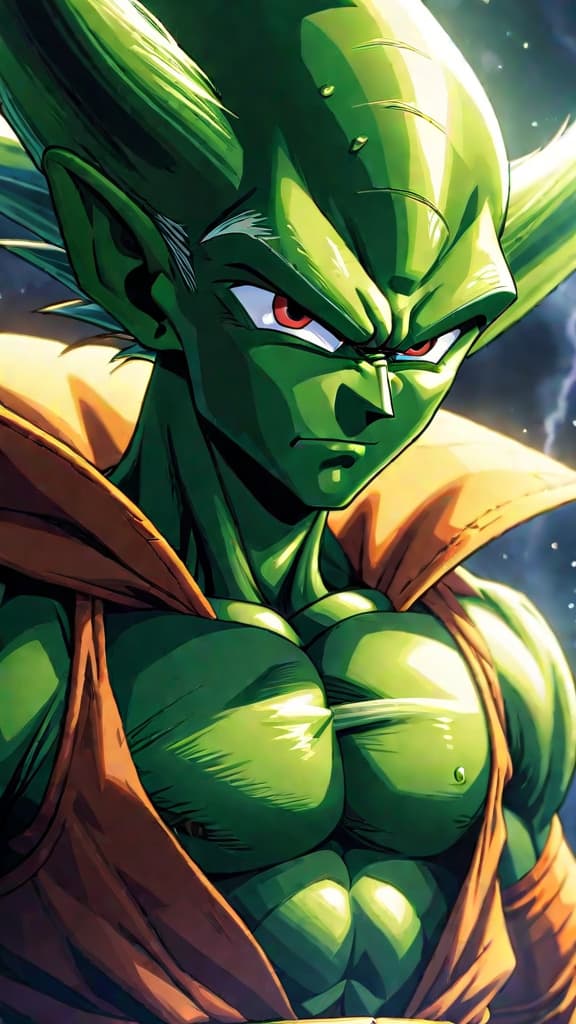  anime art: piccolo fusing with nail and kami in dragon ball z for ultimate power. hyperrealistic, full body, detailed clothing, highly detailed, cinematic lighting, stunningly beautiful, intricate, sharp focus, f/1. 8, 85mm, (centered image composition), (professionally color graded), ((bright soft diffused light)), volumetric fog, trending on instagram, trending on tumblr, HDR 4K, 8K