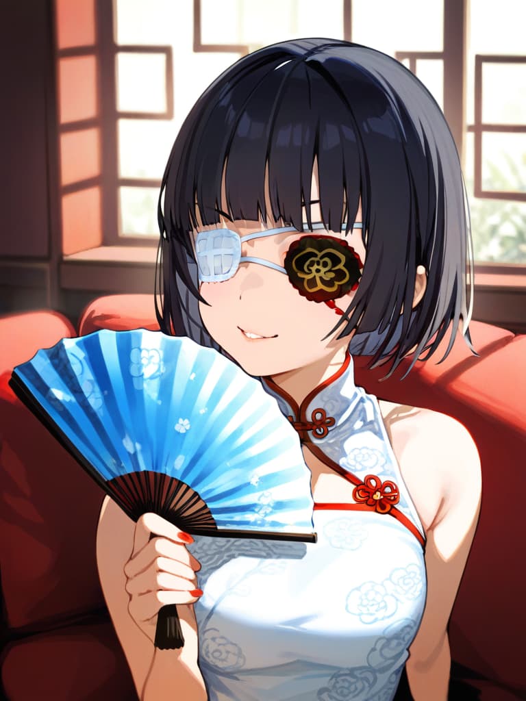  ultra detailed:1.2,masterpiece:1.2,best quality,masterpiece,bestquality,hdr:1.1,8k:1.1,very cute girl:1.3,(black hair,bob cut,long hair,blunt bangs:1.4),((white china dress,japonica pattern:1.5)),(chinaese makeup:1.6),((redrose object eyepatch:1.6))(seductive smile:1.3),(sitting couch:1.3)((cross legs:1.3)),(head rest:1.3),(holding open handfan:1.7)(upper body,face focus:1.4)