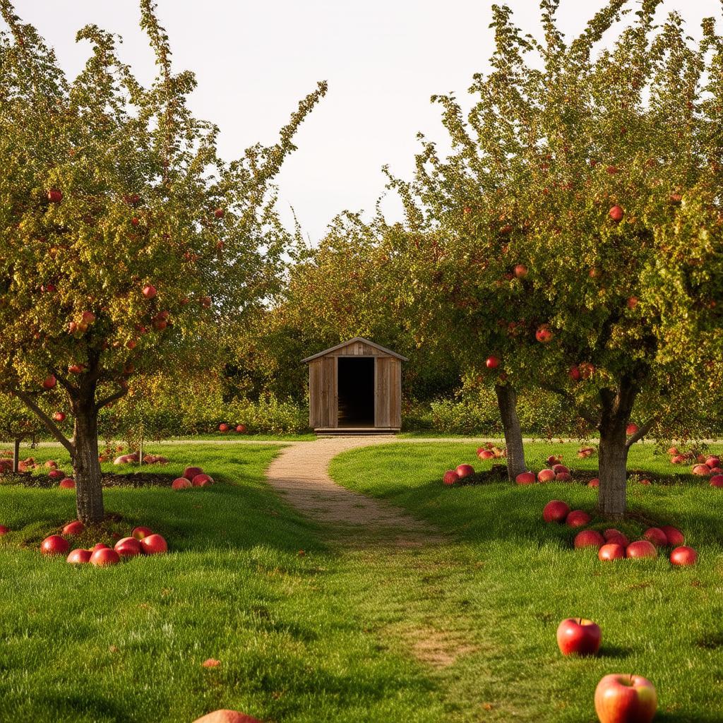  professional detailed photography, create an autumn garden with apple trees, a path in the middle leading to a wooden hut. in the foreground are two apple trees with apples and 10 apples are scattered under them., (muted colors, dim colors, soothing tones), (vsco:0.3)