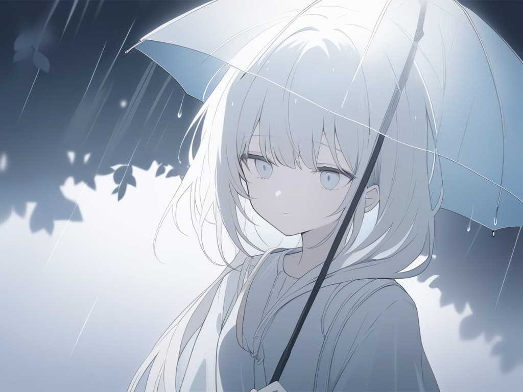  an ethereal with long,silky white hair and pale skin,standing under a translucent umbrella as soft rain falls around her. she gazes quietly with sad,reflective eyes,her delicate features framed by the strands of hair that stick slightly to her face.she wears a pastel colored outfit that complements the soft,muted color palette of the scene. the rain droplets on the umbrella catch the faint light,adding a gentle glow to the image. the background is a soft,blurred wash of cool blues and greys,creating a serene and calming atmosphere. the looks almost angelic,with a quiet melancholy in her expression as she stands alone in the rain. the overall image is highly detailed and rendered in ultra high resolution,capturing every drop of