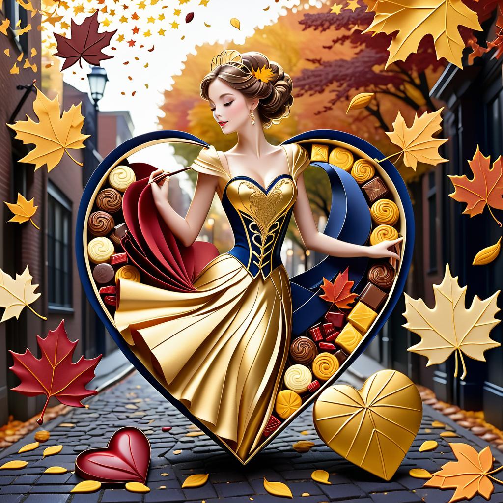  luxury product style on a carpet of yellow leaves in a simple dress of wind given crepe autumn danced a waltz boston in an alleyway. the warm day flew away and the saxophone sang hoarsely. (background of the card): falling autumn leaves, a whirlwind of autumn leaves, wind saxophone, ((a box of chocolates, the inscription "autumn waltz")) , a greeting card. (heart), a beautiful figure made of contours in the shape of a heart. (heart colour): night sky background, stars, gold pattern. (style):fantasy, autumn art, autumn romance. (colours):gold, green gold, navy blue, red, red gold, brown gold, silver, golden blue, bluish blue, dark blue on gold . elegant, sophisticated, high end, luxurious, professional, highly detailed