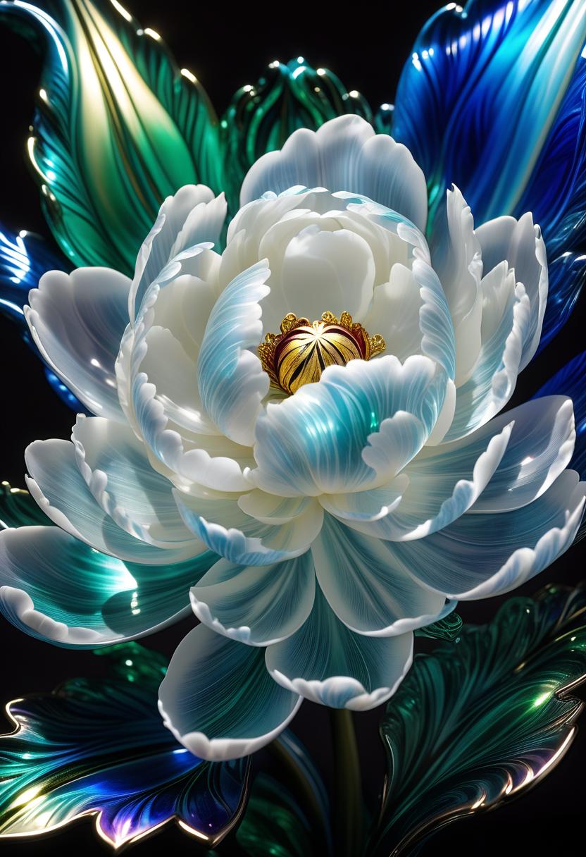  hyperrealistic art digital image. a professional snapshot. close up. (sculpture: 1.6). (mystical peony made of porcelain and colored glass: 1,6). clear texture of porcelain and glass. a radiant aura of magic, delicate ornamental patterns on the petals. a lush glass bud. the delicate petals are framed by baroque lines. white with bright blue streaks. elegant green porcelain petals. polished (glossy). mesmerizing, shiny, sparkling. shining from the inside of the bud. magical, mystical. dark ribbed textures. the background is surreal abstractionism, fog, from which intricate patterns on tulip leaves appear, shimmering with all the colors of the rainbow. thin curls of lines of magic and witchcraft: fractal gradients. stylistics: pronounced deco