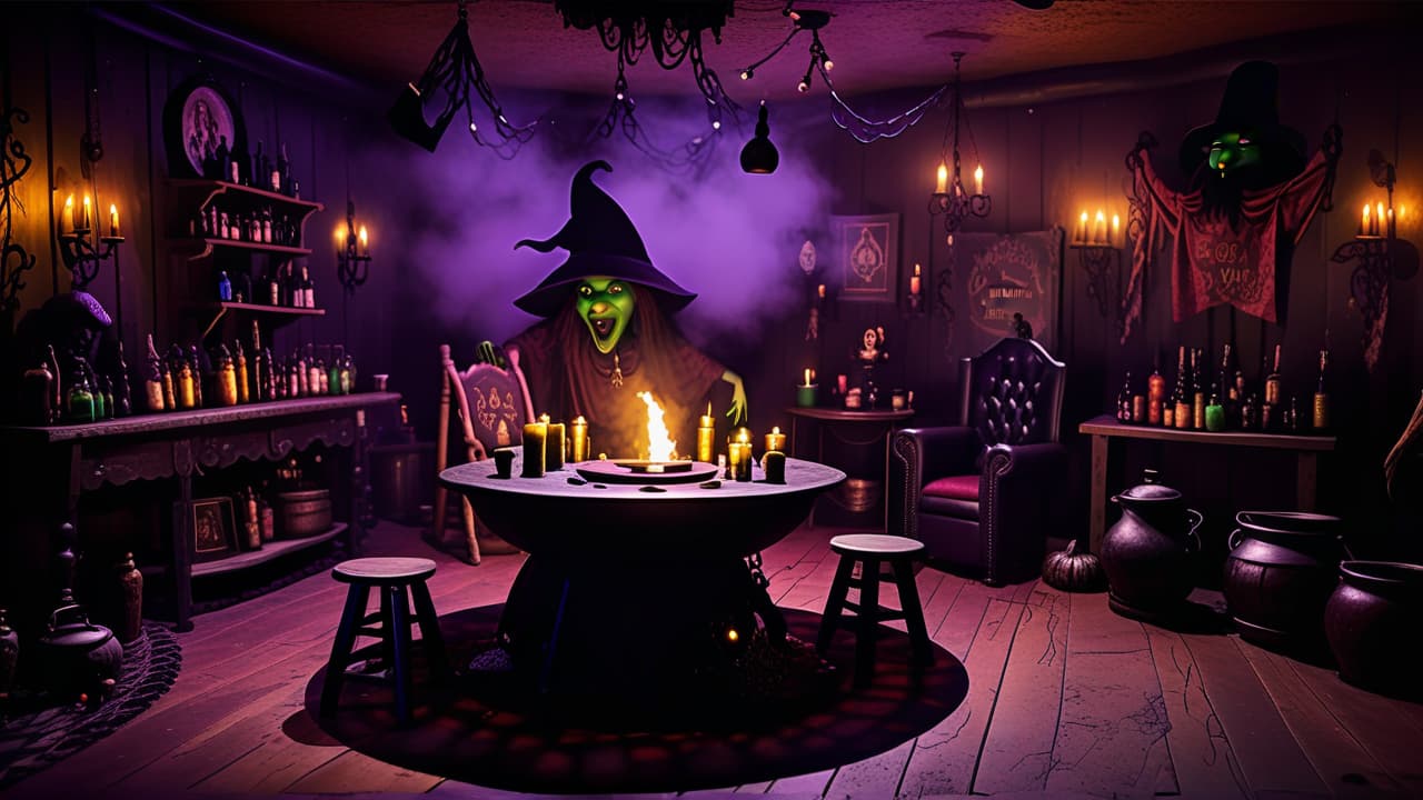  a picture of a witch themed karaoke room with a performance stage. the room should be dark, lit by candlelight. decor should have candles, cauldrons, misty smoke around the floor and from the cauldrons, potions. have tables for patrons with leather chairs. include a frog sitting on a cauldron.