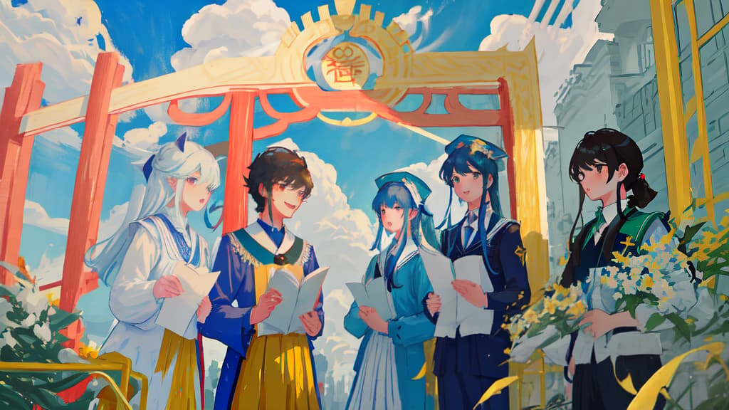  five college students, dressed in chinese bachelor's uniform, stood in a row at the school gate, blue sky and white clouds, paper-cut painting style.