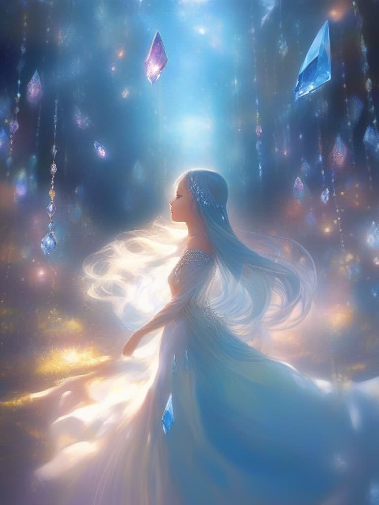  jewelry as far as the eye can see,glowing gems,jewel world,(female,long azure hair,wearing long white dress,standing in jewel world),prismatic light,blurred effect,