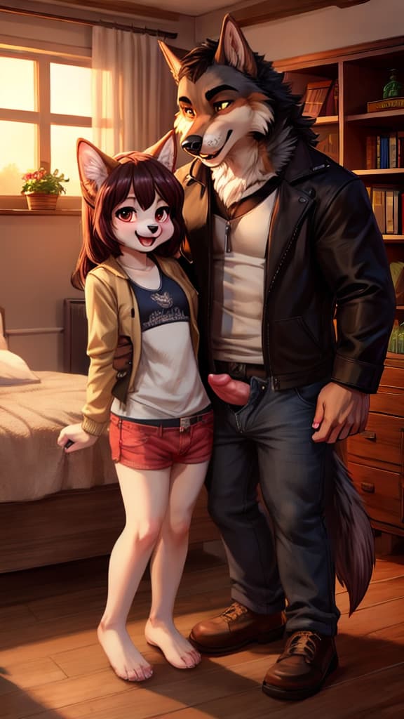  young woman male werewolf with gray fur, and an erect canine penis pulling his pants down