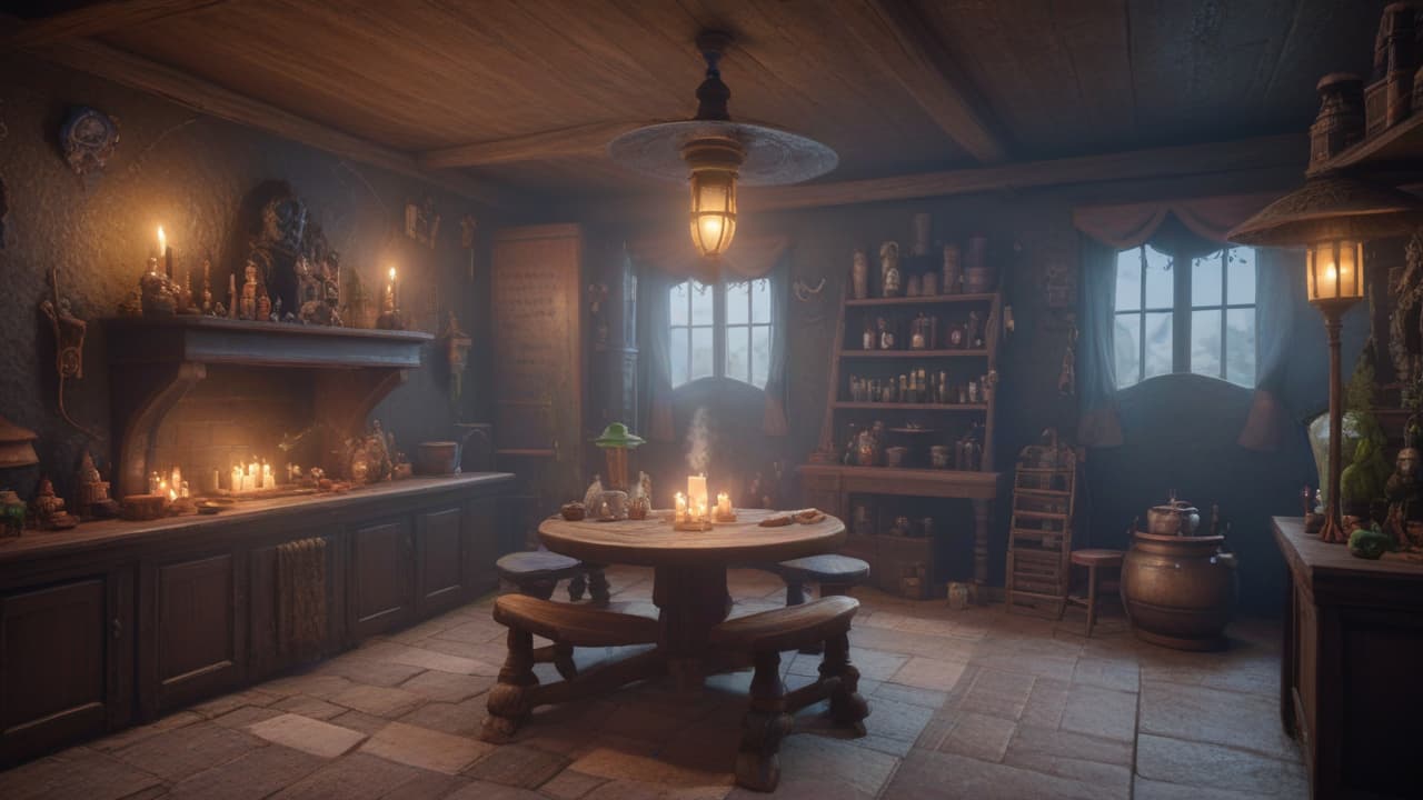  a picture of a witch themed karaoke singing room. decor should have candles, cauldrons, misty smoke, potions. include a single stage at the back. include a small frog sitting at one of the tables, high quality, high details, hd, perfect composition, 4k epic detailed, highly detailed, sharp focus, high resolution