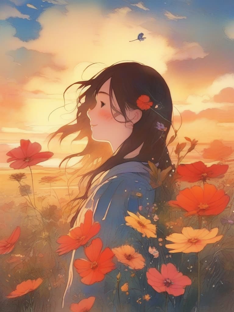  masterpiece,gentle illustration,meadow with cosmos blooming,profile of a very beautiful girl,sunset,high quality,8k