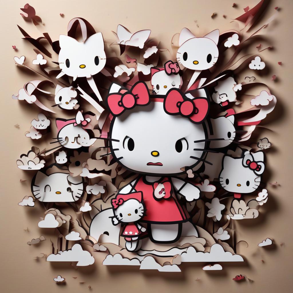  stacked papercut art of the character of hello kitty is very angry. . 3d, layered, dimensional, depth, precision cut, stacked layers, papercut, high contrast