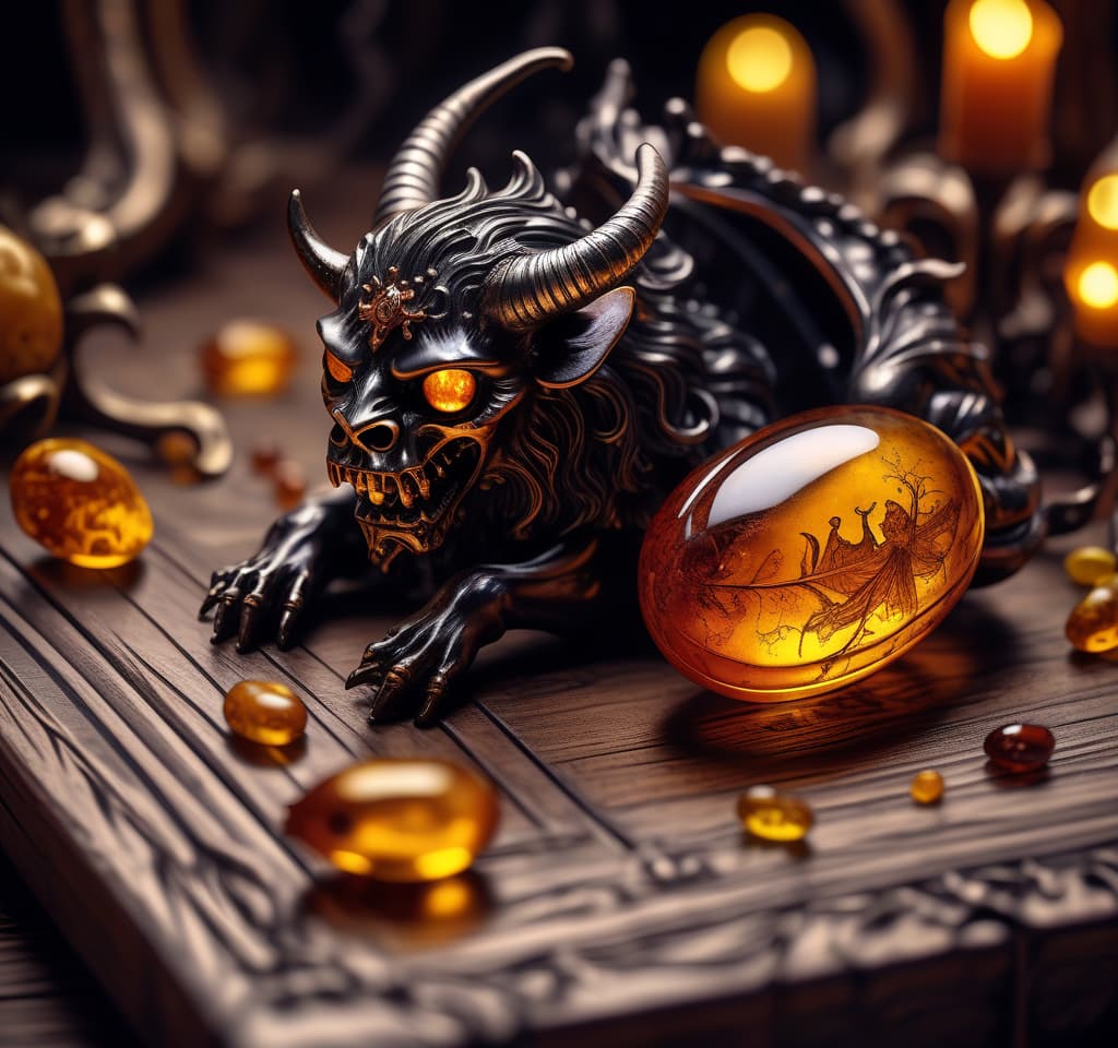  gothic style amber. amber lies on a wooden surface. there is a small figure of a demon inside the amber. hight detailed. hdr . dark, mysterious, haunting, dramatic, ornate, detailed