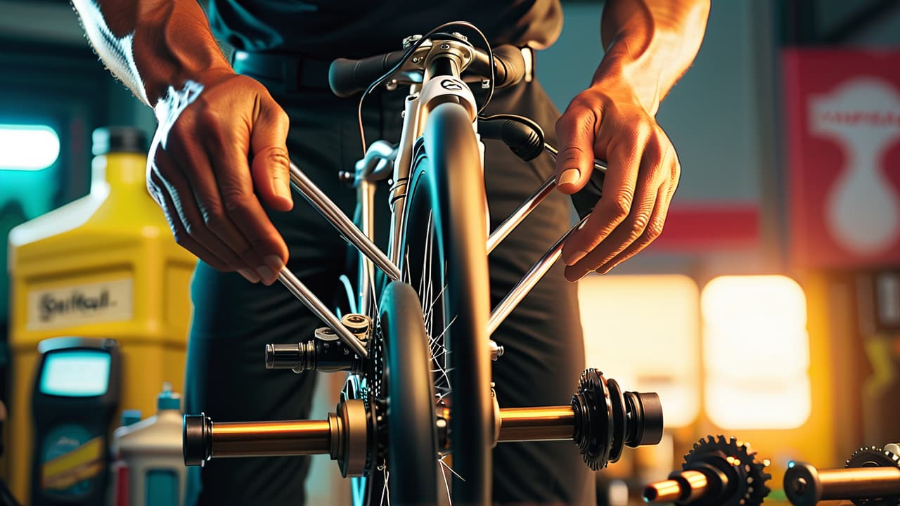  a close up of a bicycle mechanic's hands delicately tuning gears, surrounded by tools, lubricants, and a gleaming bike in the background, showcasing meticulous attention to detail and the beauty of bike maintenance. hyperrealistic, full body, detailed clothing, highly detailed, cinematic lighting, stunningly beautiful, intricate, sharp focus, f/1. 8, 85mm, (centered image composition), (professionally color graded), ((bright soft diffused light)), volumetric fog, trending on instagram, trending on tumblr, HDR 4K, 8K