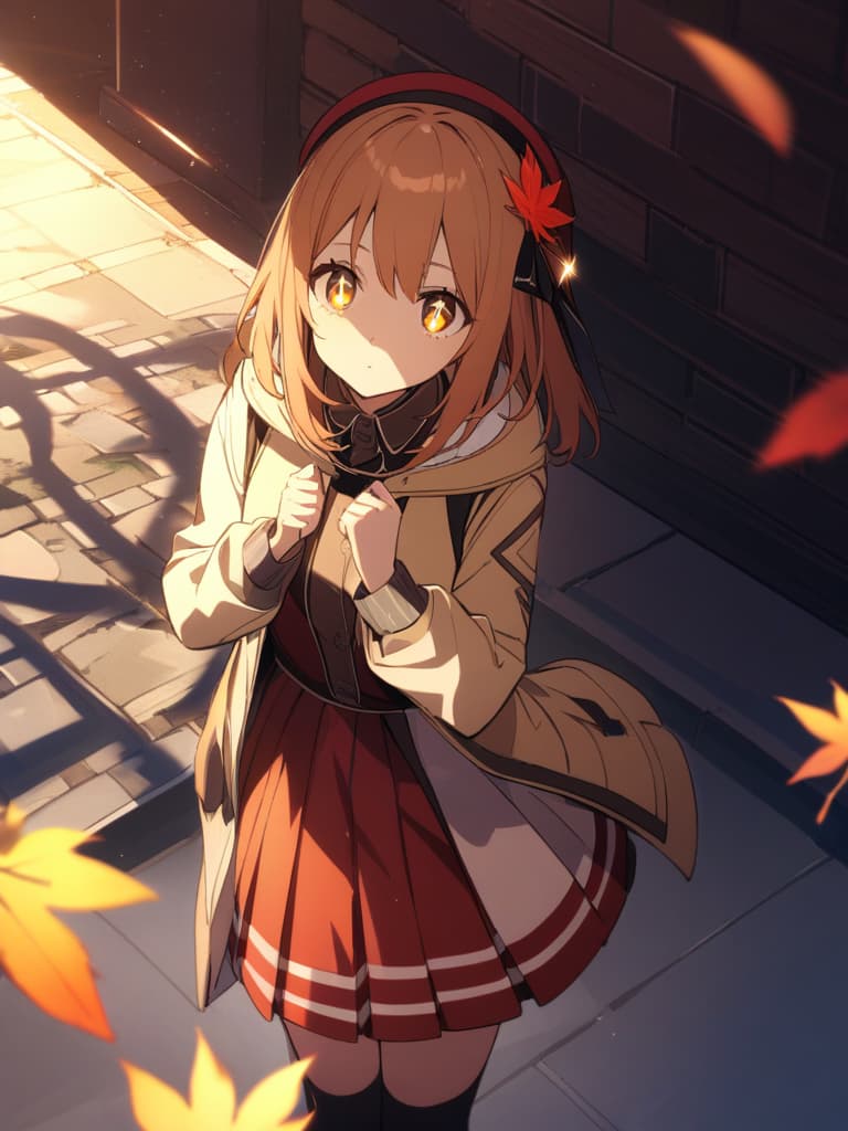  ((autumn leaves,maple hair accessory,orange hair,medium length hair,sparkling eyes,looking up,maple leaves,autumn clothes,beret,yellow coat,red skirt,cute,))、ultra detailed,best shadow,cute and beautiful face,(masterpiece:1.2),(best quality:1.2),detailed background,high contrast,(best illumination,an extremely delicate and beautiful),((cinematic light)),hyper detail,dramatic light,intricate details,8k,anime,very aesthetic