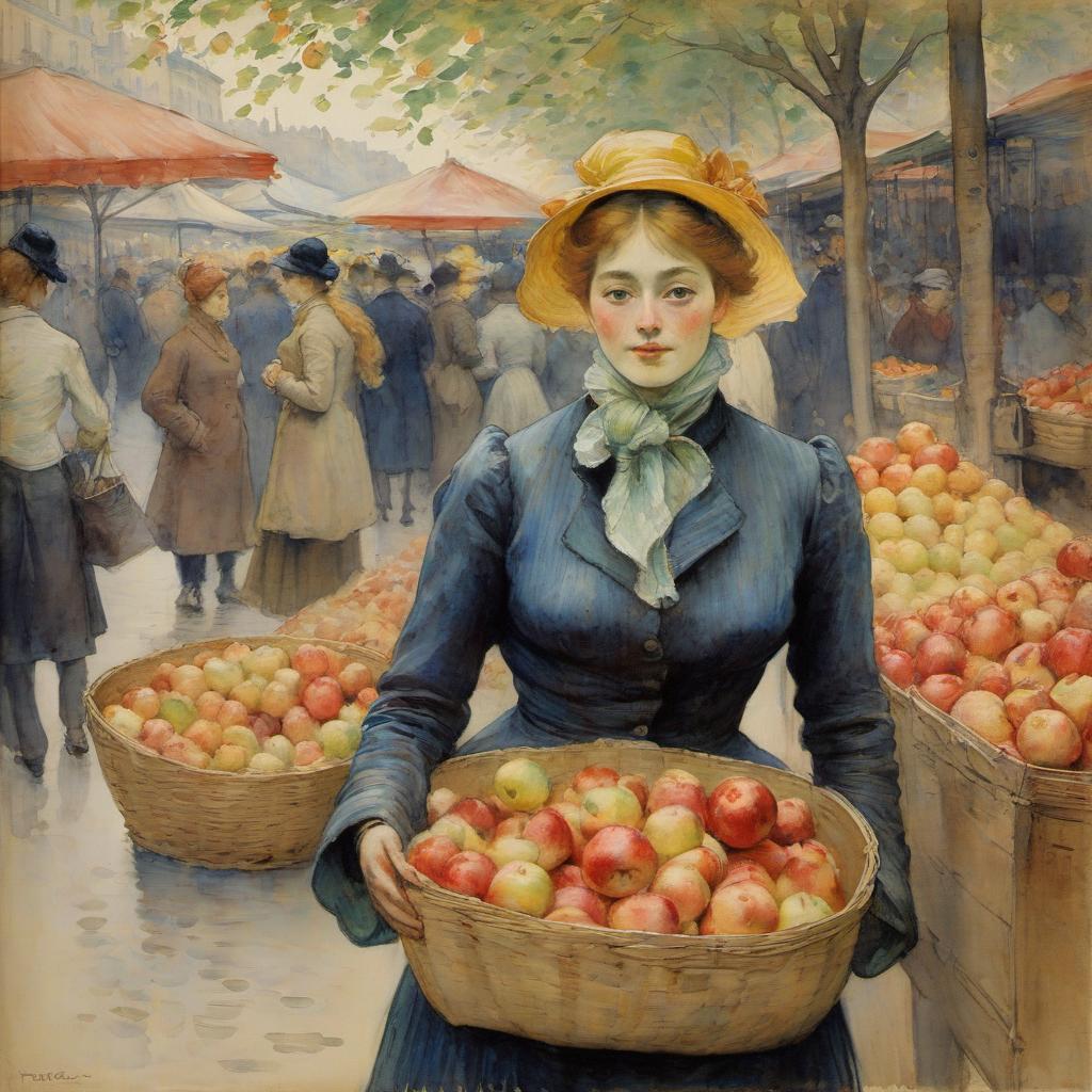  watercolor painting a painting by toulouse lautrec. a woman selling apples at the market. . vibrant, beautiful, painterly, detailed, textural, artistic