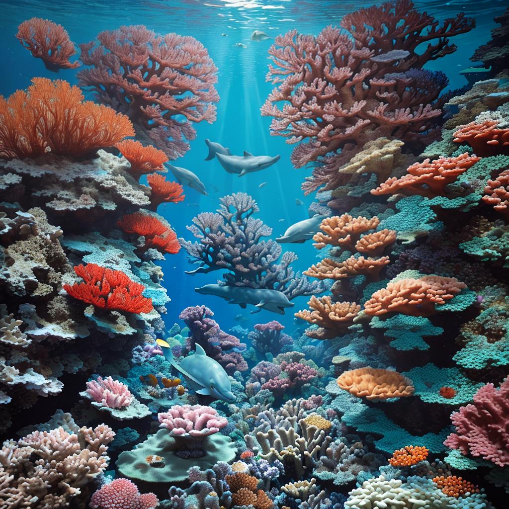  masterpiece, best quality, Most Beautiful in deep sea teeming with vibrant corals, diverse marine life, and enchanting underwater landscapes, full of corals, acrophore, small fishes, anemones, dolphin, various algaes, caves, colorful,all captured in stunning 8k resolution with intricate details.