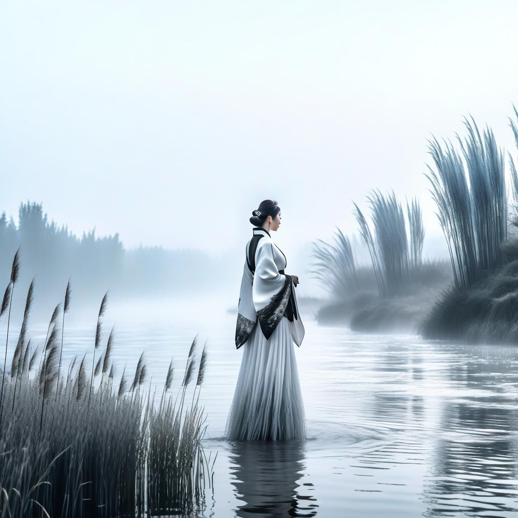  hdr. 4k, japanese graphics, watercolor, ink, vague image, nature, water, grass, willow, fog, white, black and white image, poetry, wind, silence, sadness, landscape of russia, hyperrealistic, full body, detailed clothing, highly detailed, cinematic lighting, stunningly beautiful, intricate, sharp focus, f/1. 8, 85mm, (centered image composition), (professionally color graded), ((bright soft diffused light)), volumetric fog, trending on instagram, trending on tumblr, HDR 4K, 8K