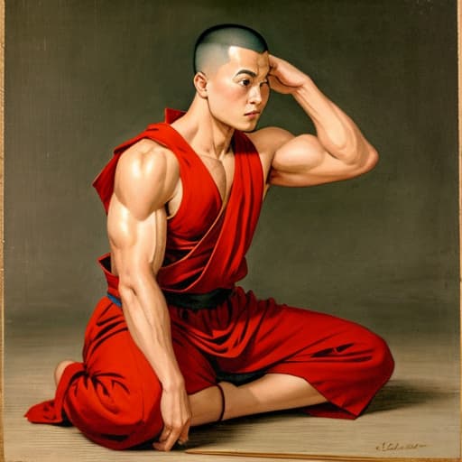  Crane-headed monk with muscle training, male, retro.