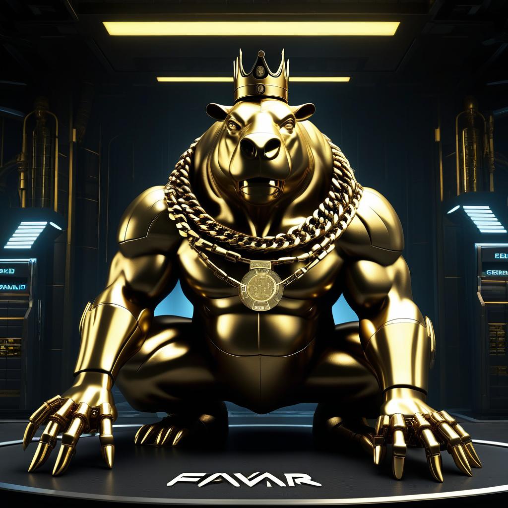  biomechanical cyberpunk the image is a picture for the avatar. in the foreground, a hippopotamus standing on its hind legs. the hippopotamus has one mechanical paw made of platinum parts without skin. on his head is a gold, small, minimalist crown. the hippopotamus has gold teeth and a gold chain around its neck. in the hands of a bulgarian with a large gold disc. the hippo is halfway around and smiling aggressively. in front of the hippopotamus is a table on which lie an open case with money and gold bars. the background is a large hangar. on the wall is written in huge letters: "grind machine" in gold 3d letters. semi realistic fantasy style . cybernetics, human machine fusion, dystopian, organic meets artificial, dark, intricate, highly 