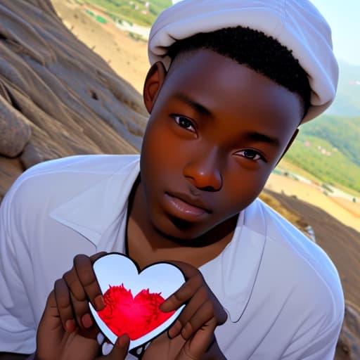  Fair skin Ghanaian boy holding a heart in his hands on a mountain