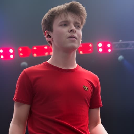  a in a red shirt stands on stage and performs