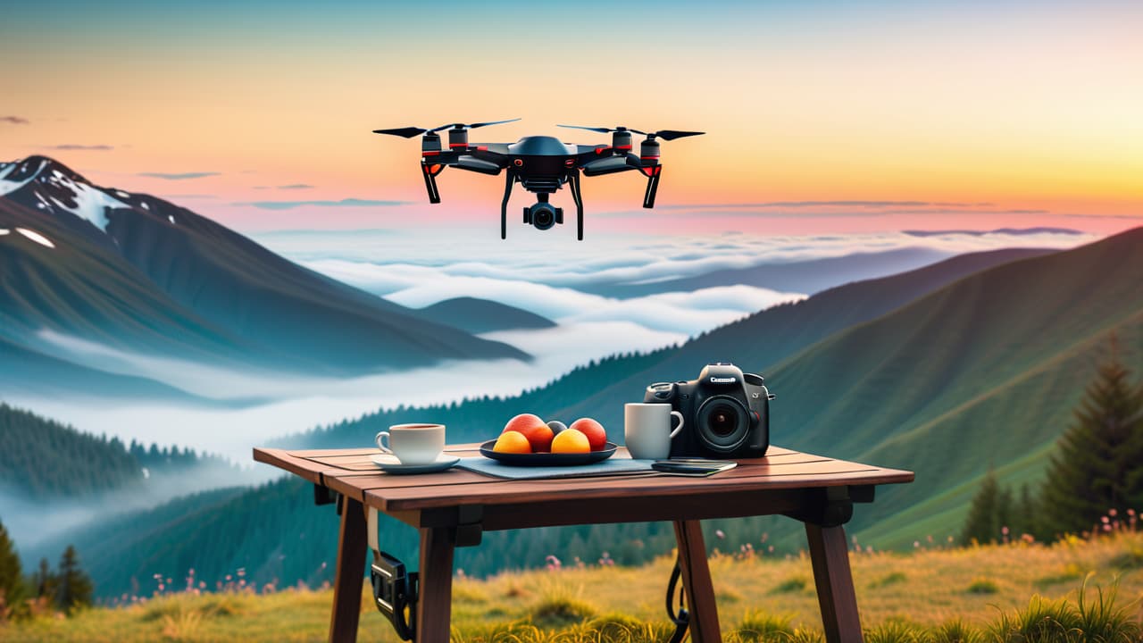  a vibrant outdoor scene featuring a sleek drone in flight above a picturesque landscape, a camera attached, with a small table displaying photography equipment, business plans, and cost estimates, all set against a blue sky. hyperrealistic, full body, detailed clothing, highly detailed, cinematic lighting, stunningly beautiful, intricate, sharp focus, f/1. 8, 85mm, (centered image composition), (professionally color graded), ((bright soft diffused light)), volumetric fog, trending on instagram, trending on tumblr, HDR 4K, 8K