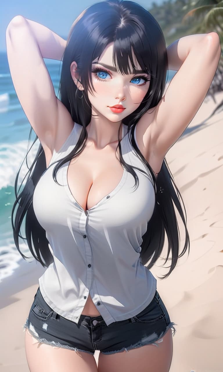  breathtaking girl on the beach, black long hair, white tight shirt, big bust, short denim shorts, blue eyes. . award winning, professional, highly detailed, perfecteyes