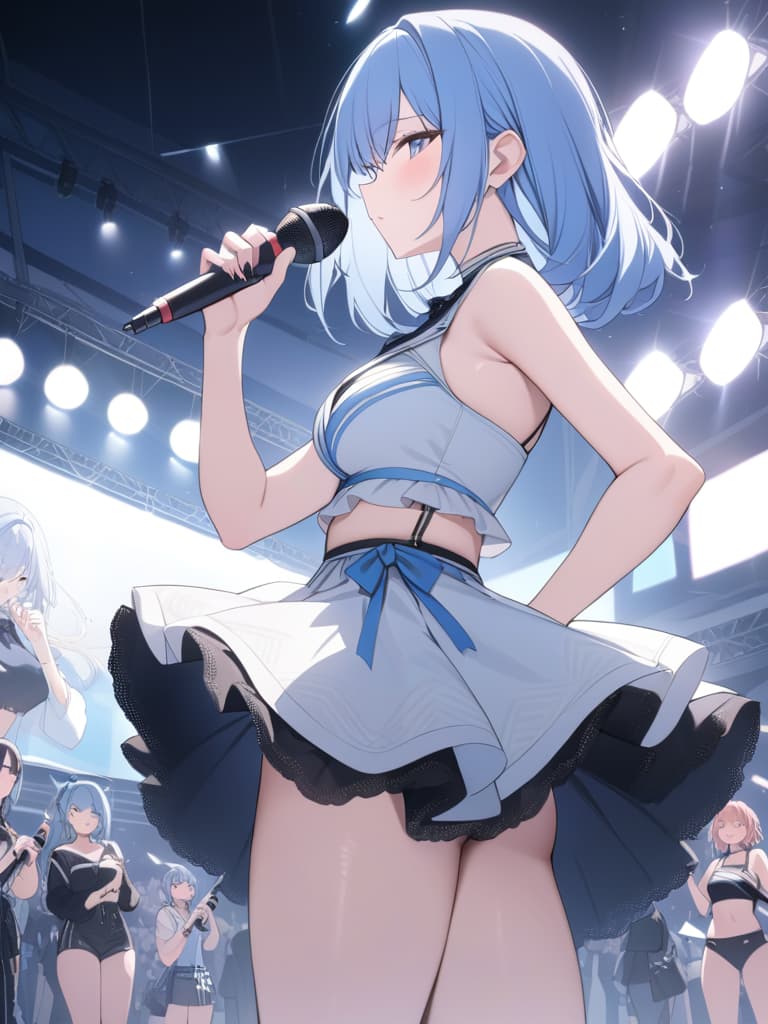  light blue hair, light blue, bob hair, singer, very popular, outdoor live, microphone, penlight, masterpiece, best quality,8k,ultra detailed,high resolution,an extremely delicate and beautiful,hyper detail