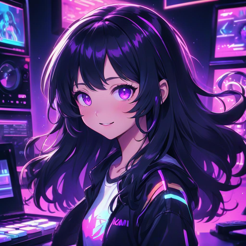  anime artwork a girl with long black hair and purple eyes, ( ( ( synthwave ) ) ), beautiful kawaii lighting, my computer icon, dark short curly hair smiling, ultra phonk, stream, on, kami, ( ( ( in a dark, glowy . anime style, key visual, vibrant, studio anime, highly detailed