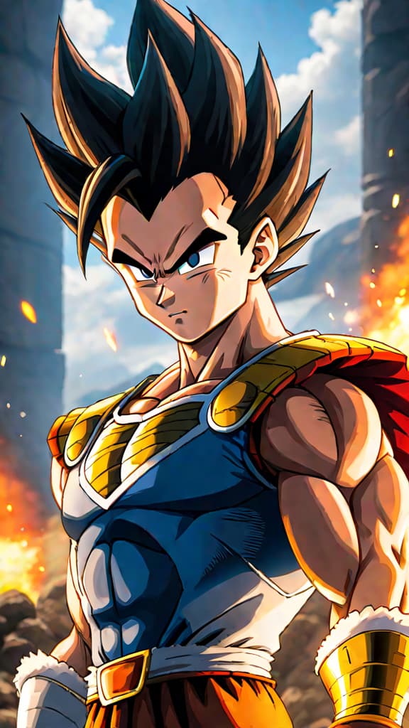  anime art: vegeta from dragon ball surpassing goku with a blend of fierce pride and serene combat. hyperrealistic, full body, detailed clothing, highly detailed, cinematic lighting, stunningly beautiful, intricate, sharp focus, f/1. 8, 85mm, (centered image composition), (professionally color graded), ((bright soft diffused light)), volumetric fog, trending on instagram, trending on tumblr, HDR 4K, 8K