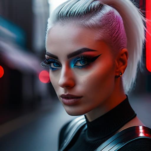  ultra realistic close up portrait ((beautiful pale cyberpunk female with heavy black eyeliner)), blue eyes, shaved side haircut, hyper detail, cinematic lighting, magic neon, dark red city, canon eos r3, nikon, f/1.4, iso 200, 1/160s, 8k, raw, unedited, symmetrical balance, in frame, 8k hyperrealistic, full body, detailed clothing, highly detailed, cinematic lighting, stunningly beautiful, intricate, sharp focus, f/1. 8, 85mm, (centered image composition), (professionally color graded), ((bright soft diffused light)), volumetric fog, trending on instagram, trending on tumblr, HDR 4K, 8K