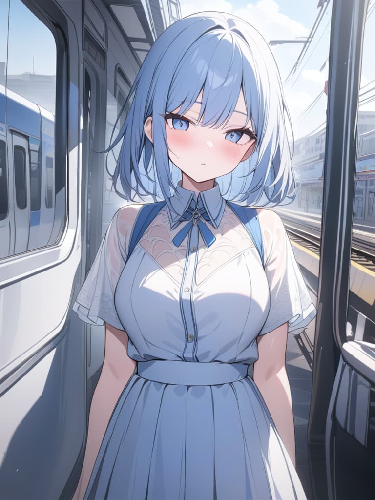  light blue, hair water blue, bob hair, train, masterpiece, best quality,8k,ultra detailed,high resolution,an extremely delicate and beautiful,hyper detail