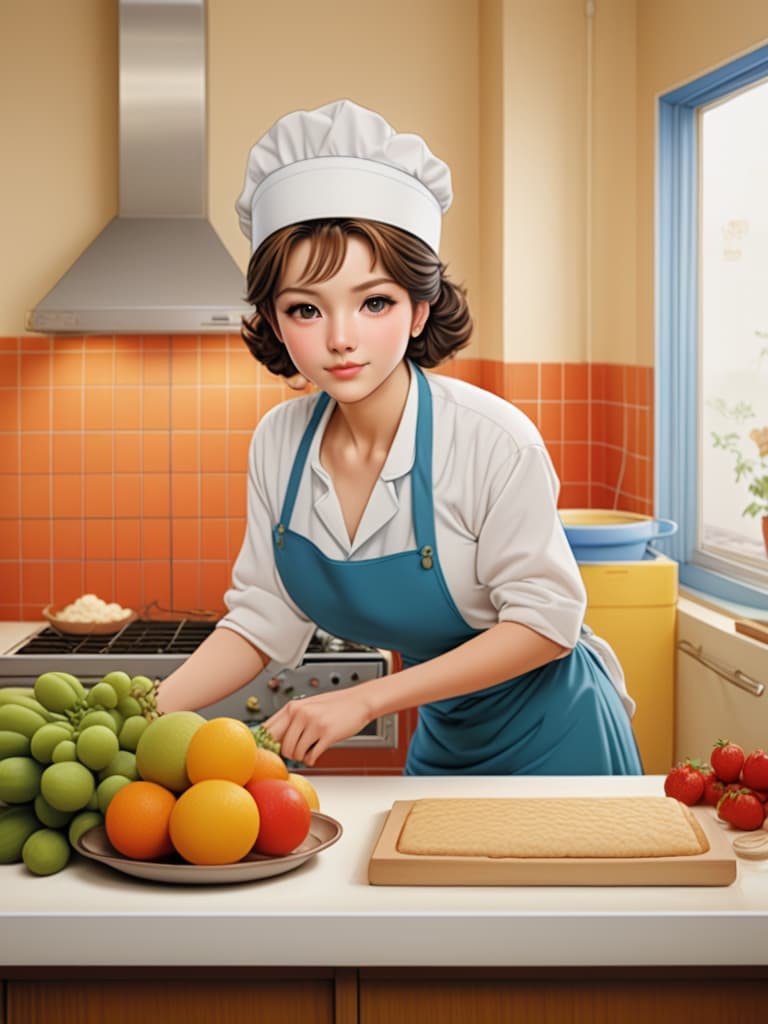  the smell of baking in the kitchen, bread in the oven and fresh fruit and vegetables on the operating table。, anime artwork, anime style, key visual, vibrant, studio anime, highly detailed