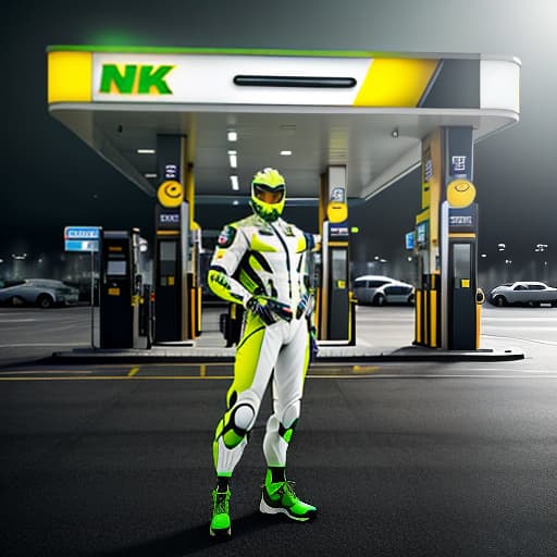  gas station, yellow, green, white, gray hyperrealistic, full body, detailed clothing, highly detailed, cinematic lighting, stunningly beautiful, intricate, sharp focus, f/1. 8, 85mm, (centered image composition), (professionally color graded), ((bright soft diffused light)), volumetric fog, trending on instagram, trending on tumblr, HDR 4K, 8K