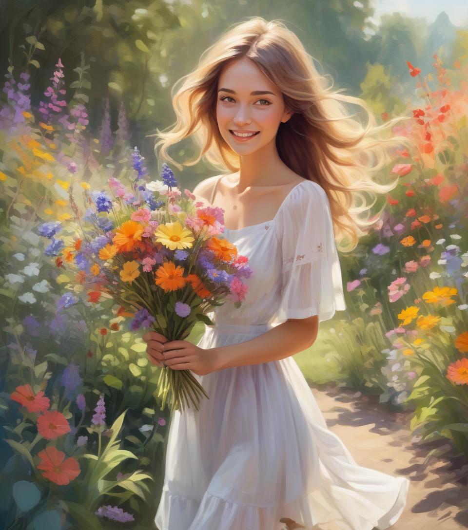  concept art garden wonders, beautiful woman holding a bouquet of wild flowers to her face, detailed summer garden background, wearing a summer dress, perfect face, delicate face, vivid colors, happiness, oil painting, expressive brushwork, highly detailed, delicate details . digital artwork, illustrative, painterly, matte painting, highly detailed