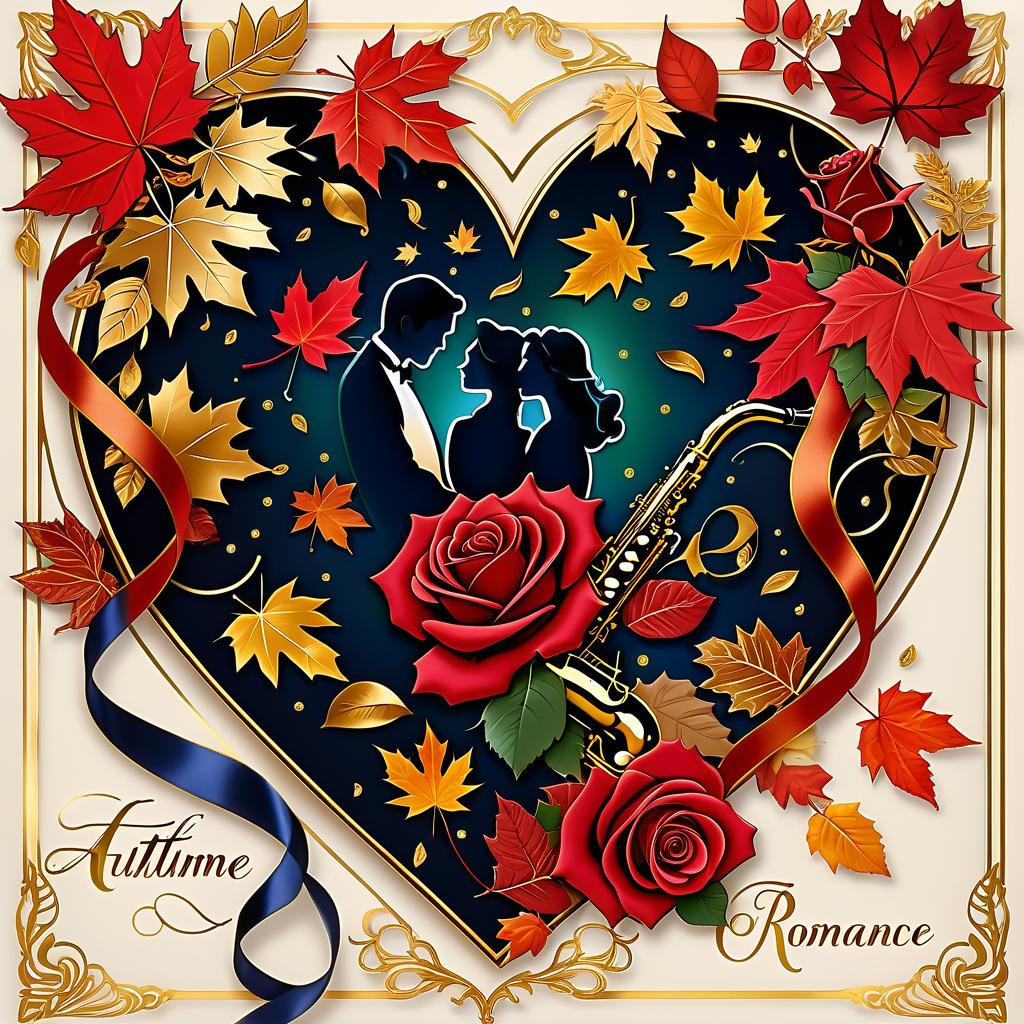  luxury product style (postcard background):falling autumn leaves, red roses, saxophone, satin ribbon, inscription "autumn romance" , retro, vintage, greeting card. autumn in the heart, (beautiful couple):man and woman, two faces in profile, heart scarlet rose (heart), beautiful figure of maple leaves outlines in the shape of a heart. (heart colour):night sky background, gold pattern. (style):fantasy, autumn art, autumn romance. (colours):gold, green gold, navy blue, red, red gold, brown gold, silver, golden blue, bluish blue. . elegant, sophisticated, high end, luxurious, professional, highly detailed