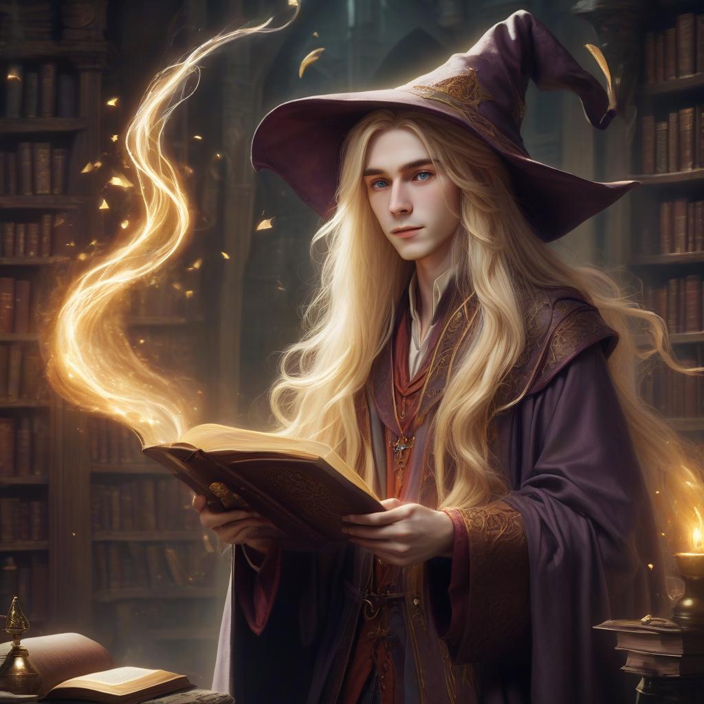  elfish long haired blonde wizard with book spells, hkmagic