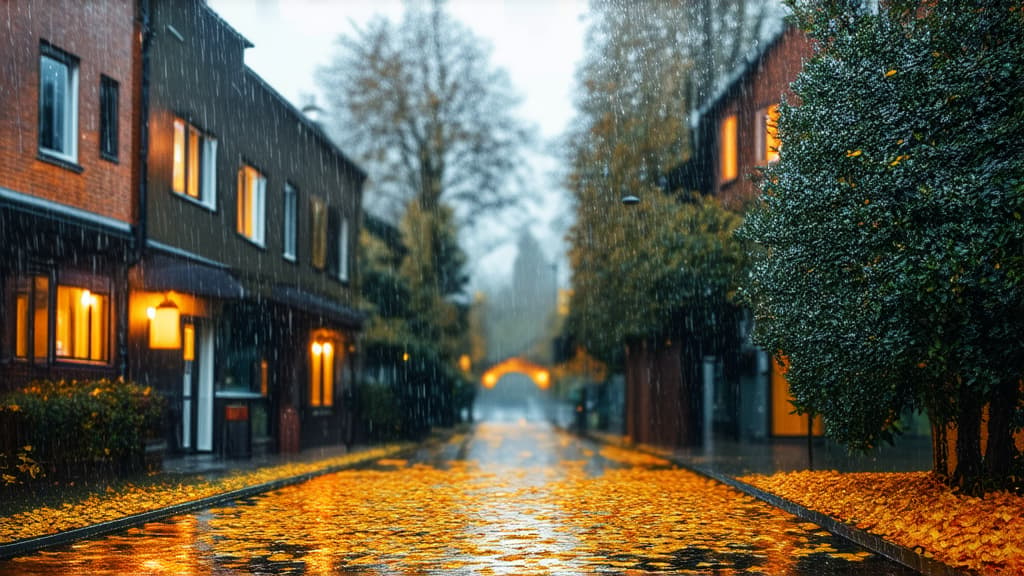  city ​​houses rain yellow leaves on the ground ar 16:9 {prompt}, maximum details