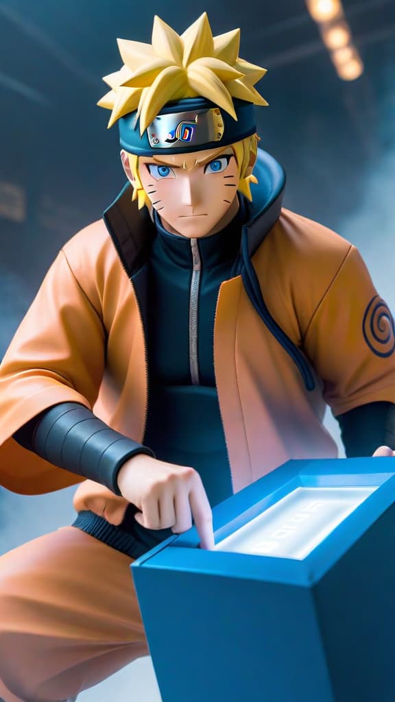  naruto in a blue box hyperrealistic, full body, detailed clothing, highly detailed, cinematic lighting, stunningly beautiful, intricate, sharp focus, f/1. 8, 85mm, (centered image composition), (professionally color graded), ((bright soft diffused light)), volumetric fog, trending on instagram, trending on tumblr, HDR 4K, 8K