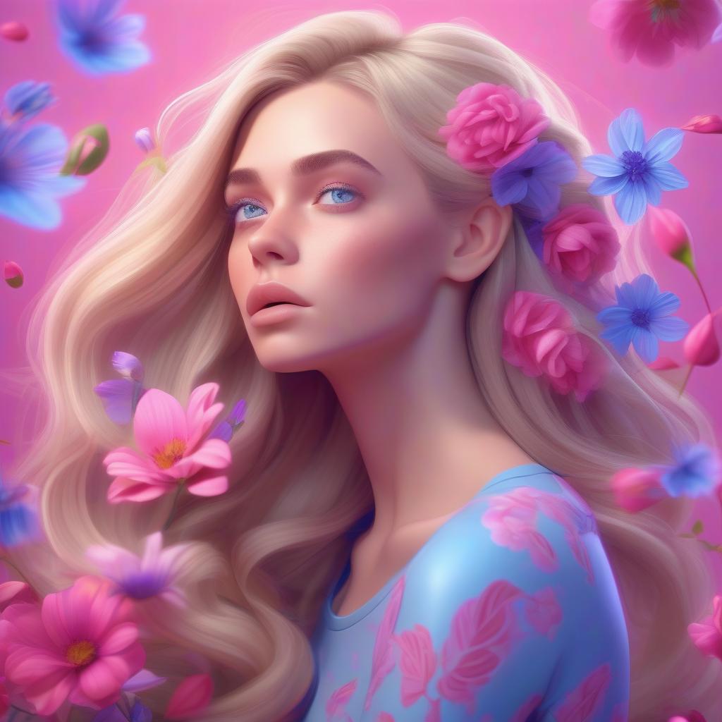  art of fantasy girl with grey blue eyes in a lotos pose with flowers inside her head like her thoughts and growing from her long very thick blondy hair, hair fluttering in the wind she does sport with bottle of water pink and blue and purple colors on the background cartoon style 3d, hq, 4k for modern mobile app