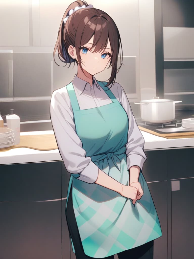  apron,black pants,clothing,collared shirt,green apron,hair accessory,long sleeves,pants,polka dot pattern,ponytail,scrunchie,shirt,tied hair,white shirt,blue eyes,brown hair,woman,long hair,standing