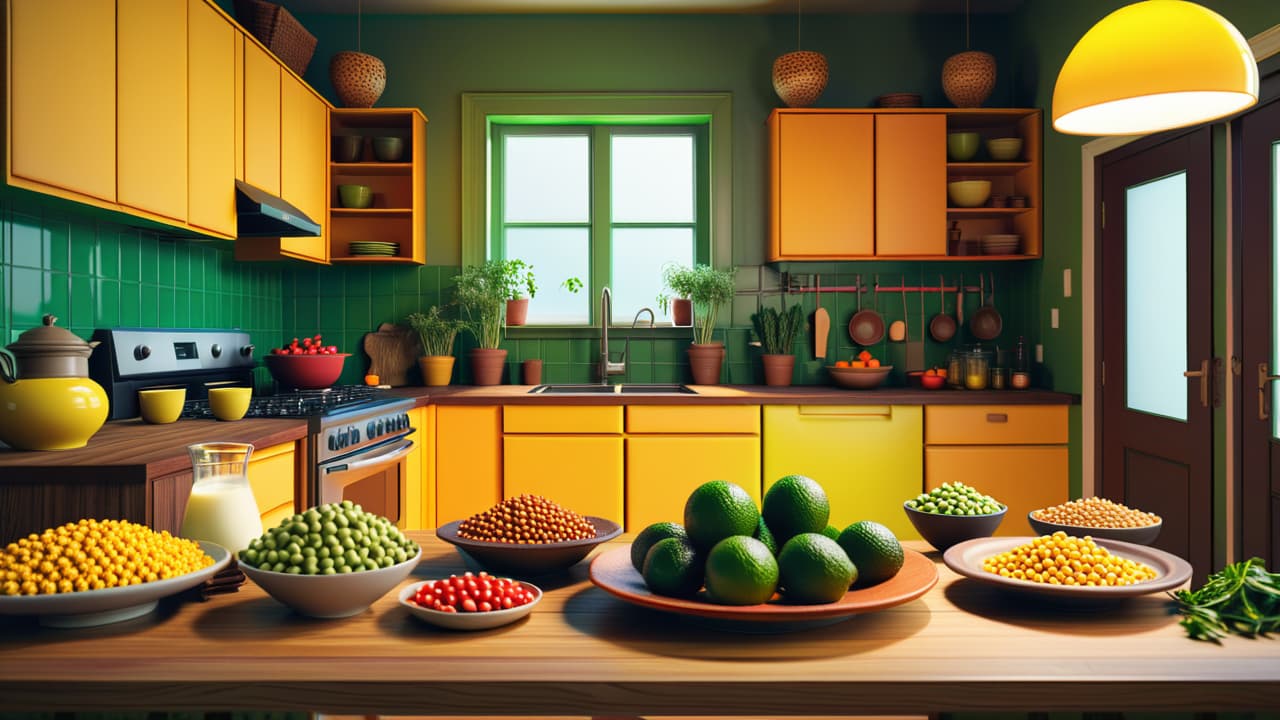  a vibrant kitchen scene showcasing a colorful array of ingredients, including avocados, chickpeas, and coconut milk, artfully arranged with popular dishes like pizza and chocolate cake made from these surprising vegan components. hyperrealistic, full body, detailed clothing, highly detailed, cinematic lighting, stunningly beautiful, intricate, sharp focus, f/1. 8, 85mm, (centered image composition), (professionally color graded), ((bright soft diffused light)), volumetric fog, trending on instagram, trending on tumblr, HDR 4K, 8K