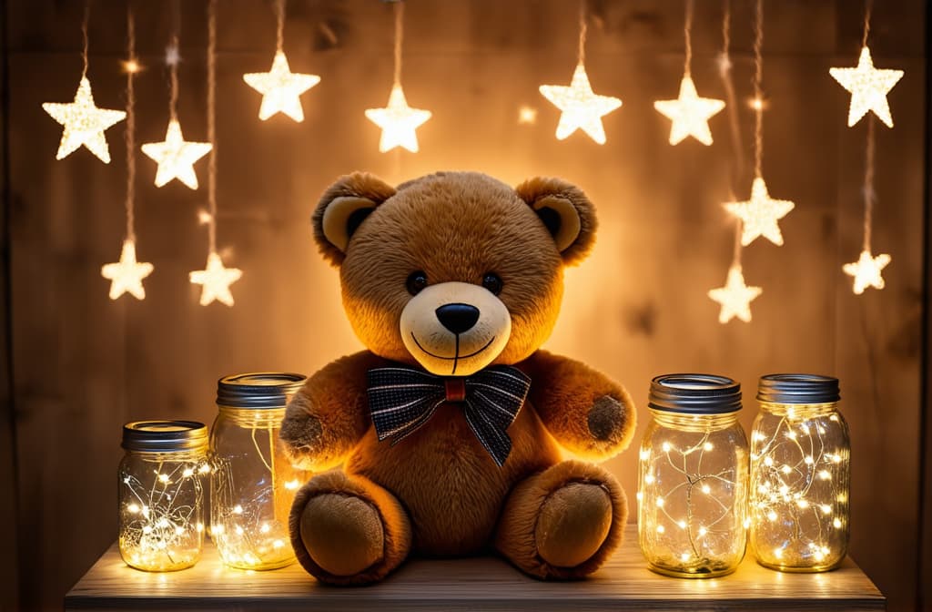  professional detailed photography, a teddy bear sits on a small stage with jars filled with lights, and hanging stars above, creating a whimsical and enchanting scene. ar 3:2, (muted colors, dim colors, soothing tones), (vsco:0.3)