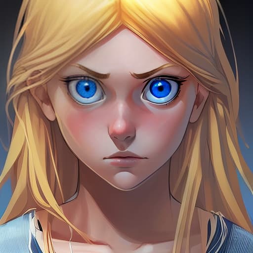  appearance: girl with blue eyes, blonde hair long. he looks at the camera with frightened eyes. fully visible background