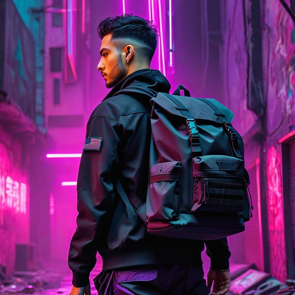  cyberpunk style a man dressed in black cargo pants and wearing black tactical backpack wandering the streets of an abandoned city. cyberpunk, vaporwave, neon, vibes, vibrant, stunningly beautiful, crisp, detailed, sleek, ultramodern, magenta highlights, dark purple shadows, high contrast, cinematic, ultra detailed, intricate, professional